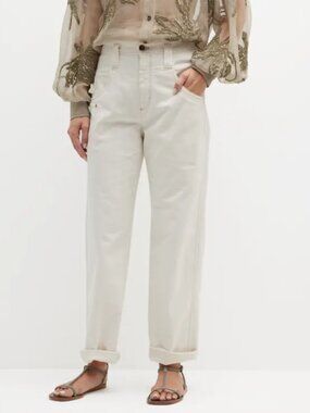 Brunello Cucinelli Monili Jeans Ecru Denim High Waist Wide Leg Relax Fit Size 6